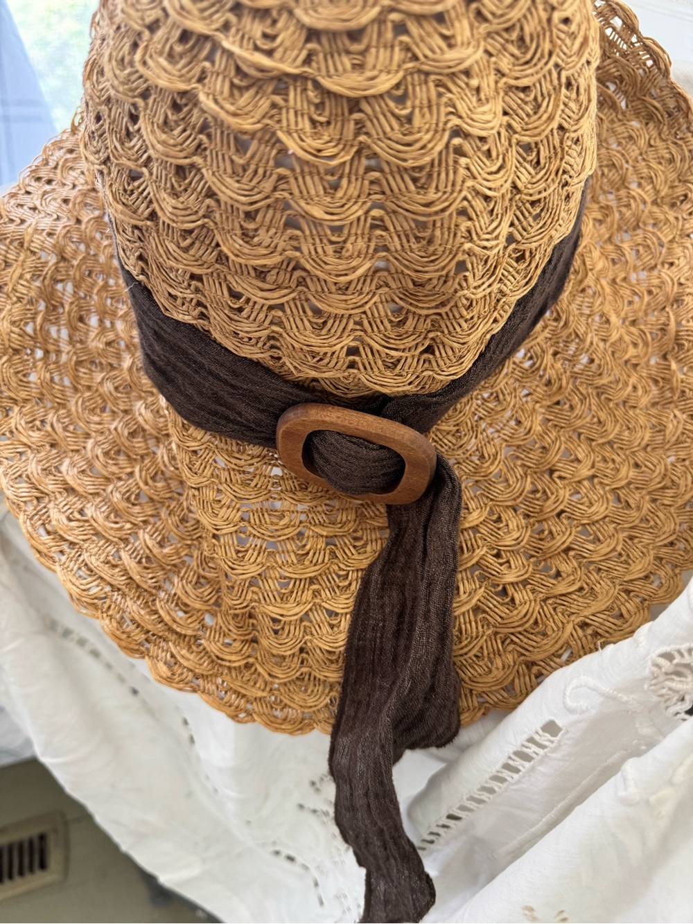 Womens wallaroo Emma Wide Brim Straw Sun Hat with Brown Scarf Accent